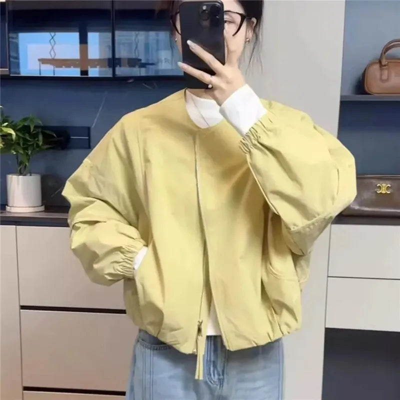 Korean Version Simple Women's Round Neck Solid Color Short Coat 2026 Spring New Female Casual Loose Jacket Joker Little Overwear