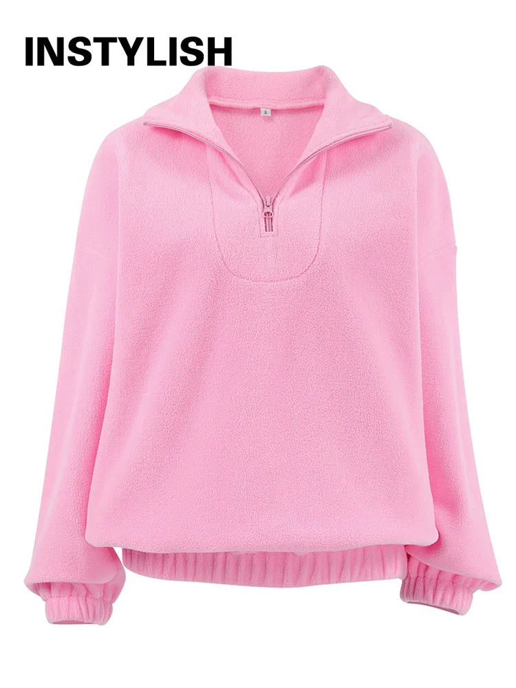 Women Autumn Winter Fleece Hoodies Elegant Stand Collar Zipper Loose Sweatshirt Elegant Solid Pullover Casual Top Streetwear