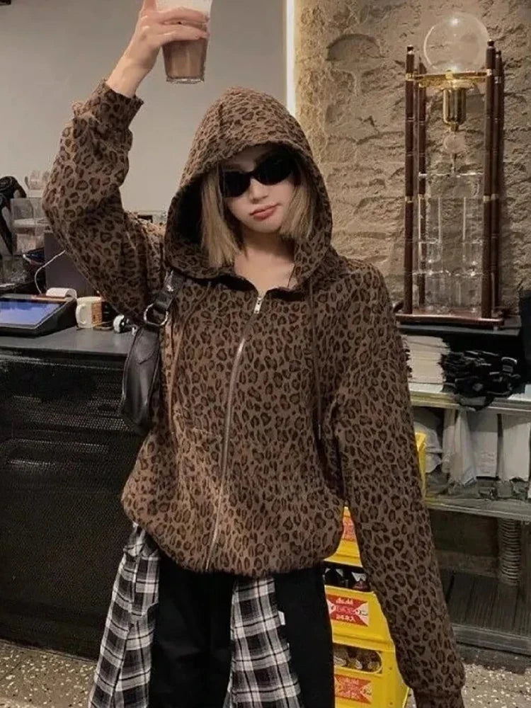 Y2K Leopard Print Hooded Jacket Women Full Zip Drawstring Hood Long Sleeve Loose Fit Streetwear Street Club Ladies Outerwear