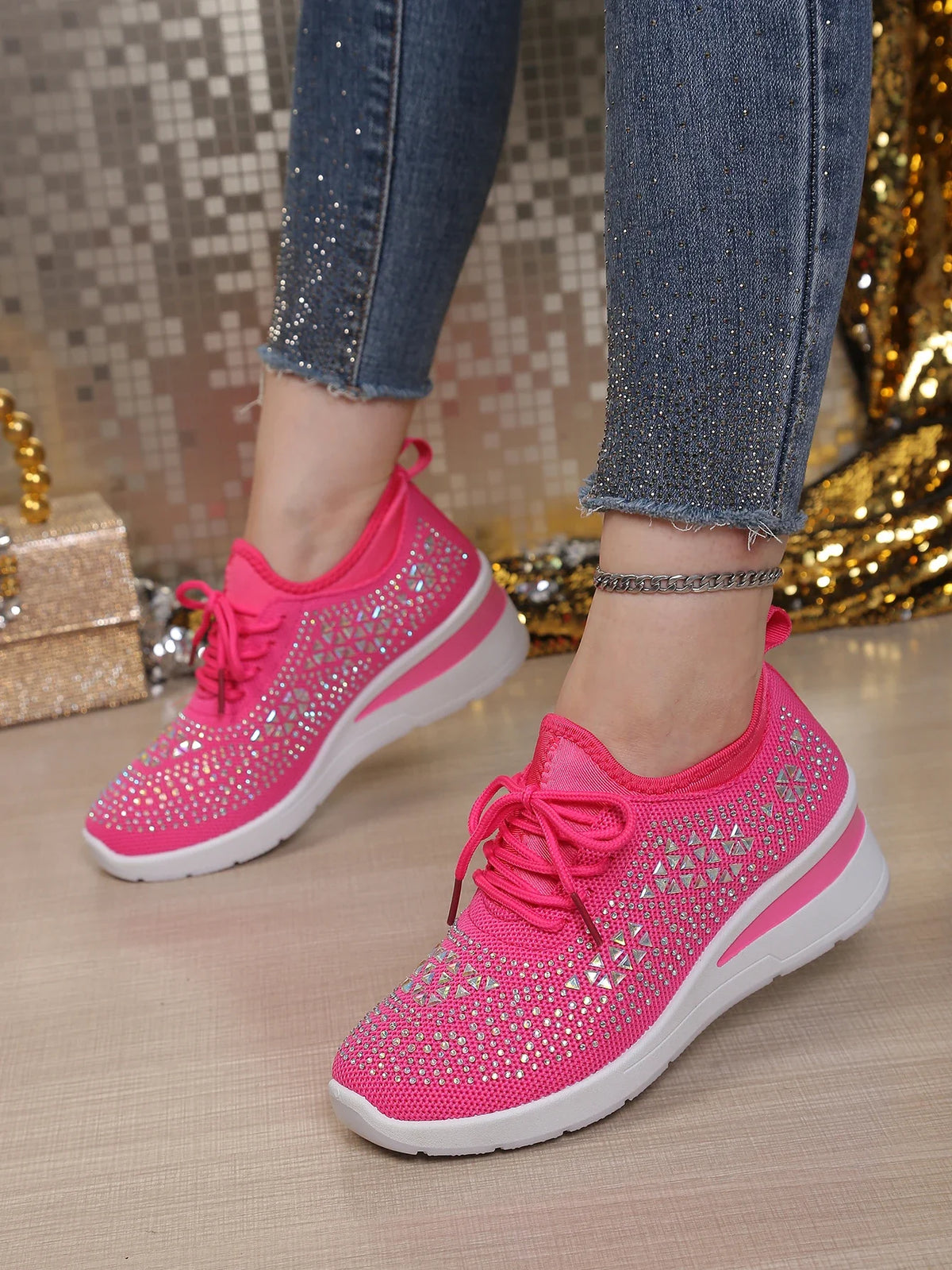 Women's Rhinestone Embellished Knit Mesh Wedge Sneakers, Adjustable Lace-Up Closure, Daily Walking Casual Footwear