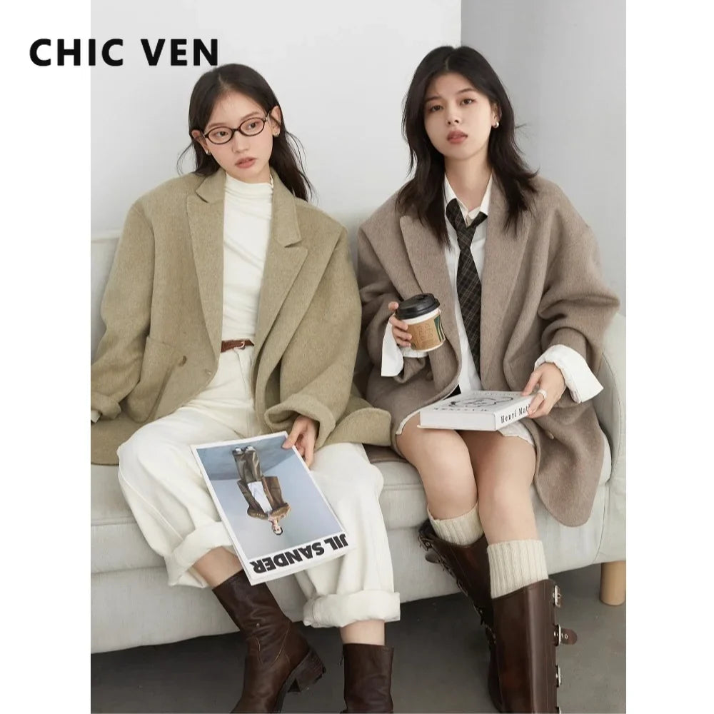 CHIC VEN New Women Woolen Coat Loose Solid Mid-length Double-sided Oversized Office Ladies Jackets Outerwear Autumn Winter 2026