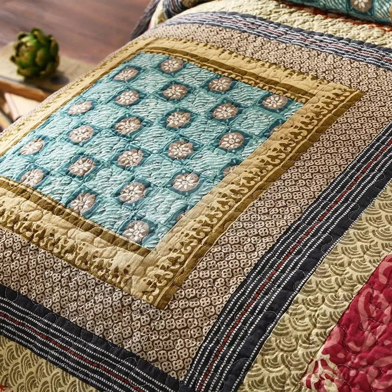 Vintage Patchwork Cotton Quilt Set 3PCS King/Queen - All-Season Thin Comforter Bedspread,Breathable Quilted Coverlet Bedding