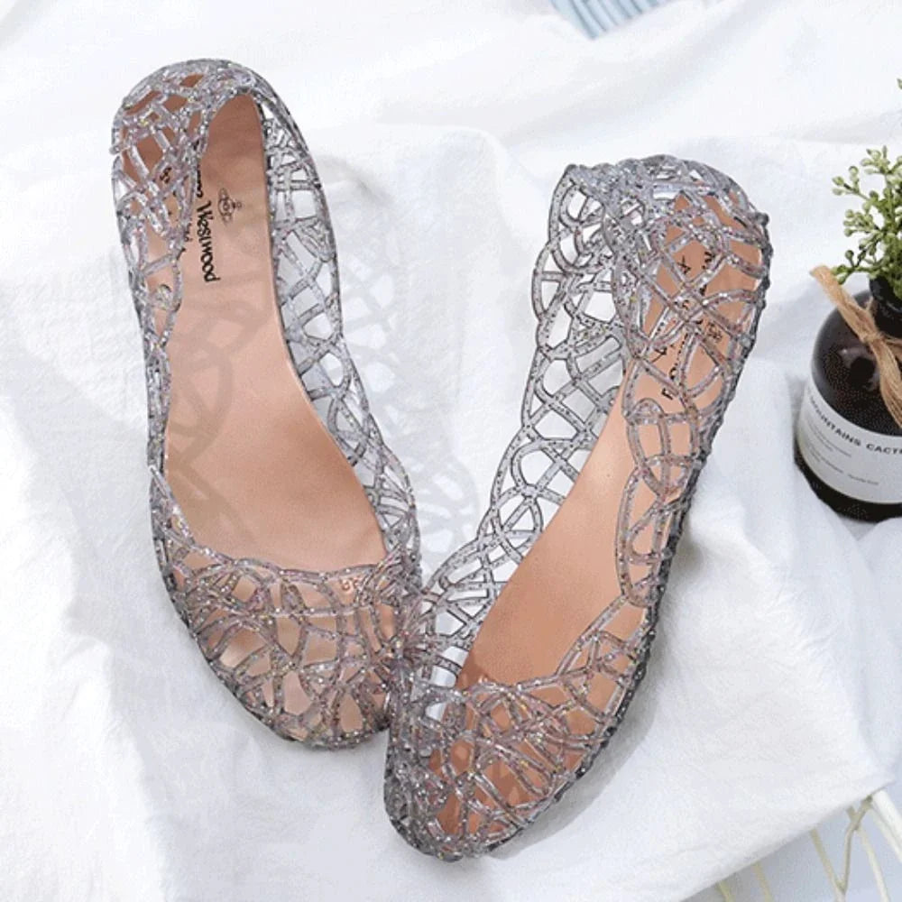 Comfortable Flat-soled Women Sandals Clear Shallow Mouth Beach Jelly Shoes Breathable Hollow Out Bling Sandals Footwear