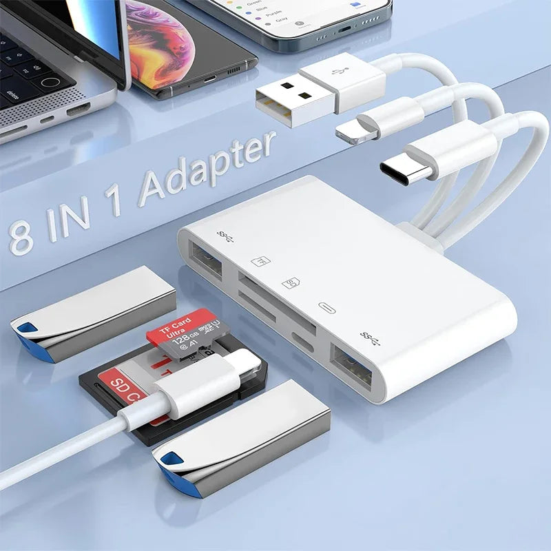 Three-wire 5-in-1 card reader, multi-function OTG converter, high-speed transmission, compatible with Iphone/Android/ipad