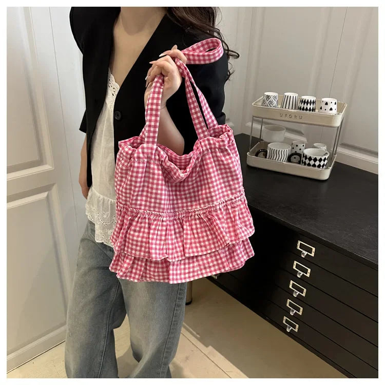 Large Capaci Cute Plaid Cotton Tote Bag  Lace Trim Women's Summer 2025 Simple Lady Handbag Soft Shoulder Bags Bolsa Feminina