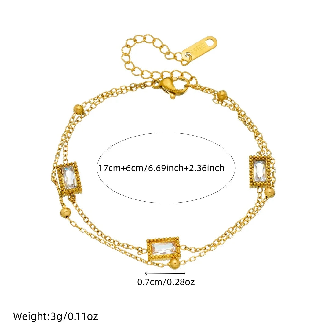 MEYRROYU 316L Stainless Steel White Zircon Inlay Cuboid Series Design Double-Layer Bracelet Women Classic Classy Hand Chain Gift