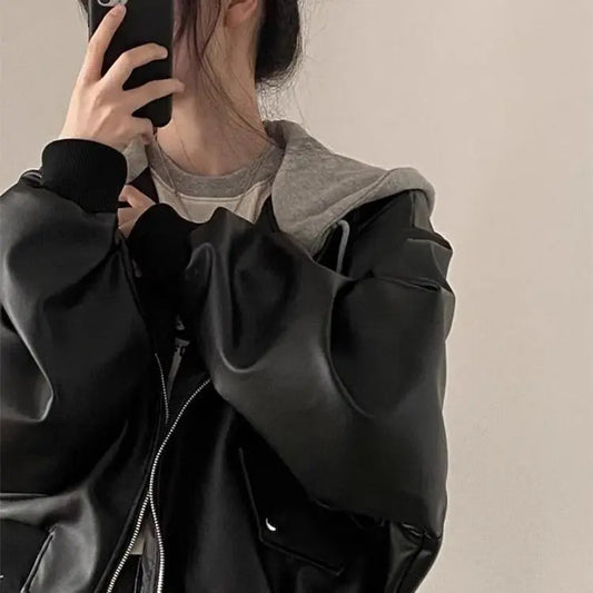 Korean High-end Black PU Leather Jacket Women Fashion Hooded Loose Spring Autumn Zipper Fake Two-Piece Versatile Outerwear