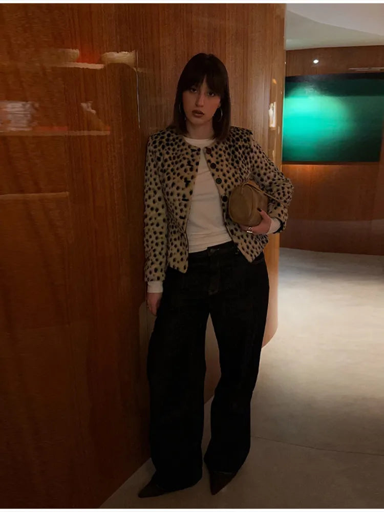 Retro Leopard Faux Fur Short Coat Lady Chic O-neck Single Button Placket Spotted Dot Cropped Long Sleeve Outerwear Street Jacket