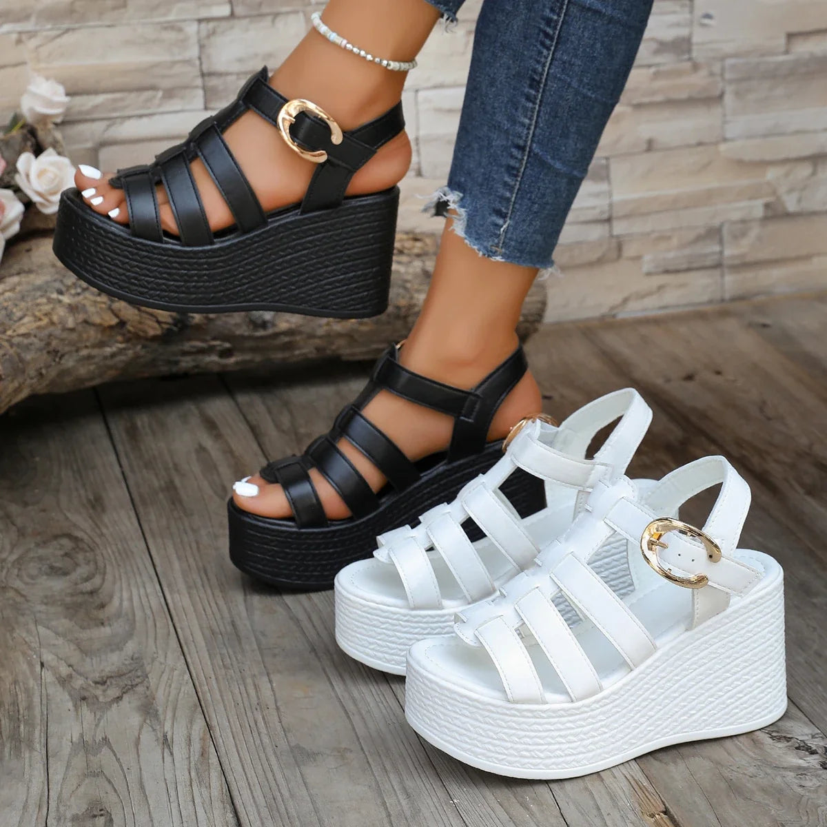 Women Ankle Buckle Wedge Sandals Summer 2025 Trend Platform Breathable Shoes Women Retro Comfortable Non-slip Soft Sole Sandals