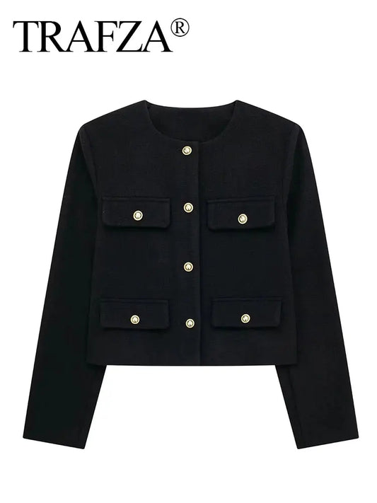 HH Women Vintage Solid Coat Button Long Sleeve O Neck Jacket With Pocket 2024 Spring Elegant Female Casual Outerwear Jakcet