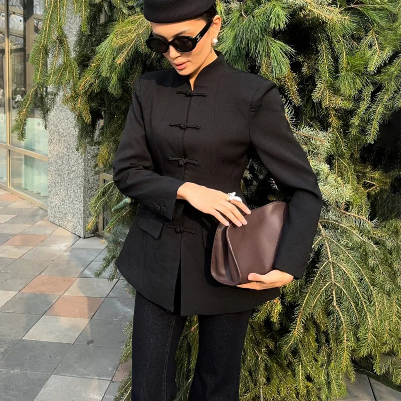 BJTZ Women Mandarin Collar Blazer Long Sleeve Frog Button Front Slim Fit Suit Jacket Casual Office Streetwear Elegant Outerwear