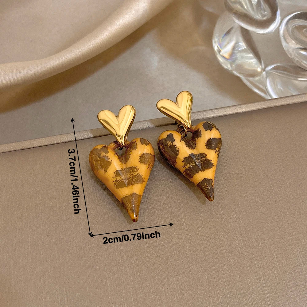 Greatera Caramel Amber Patterned Irregular Heart Earrings For Women Charm Stainless Steel Waterproof Popular Ear Accessories New