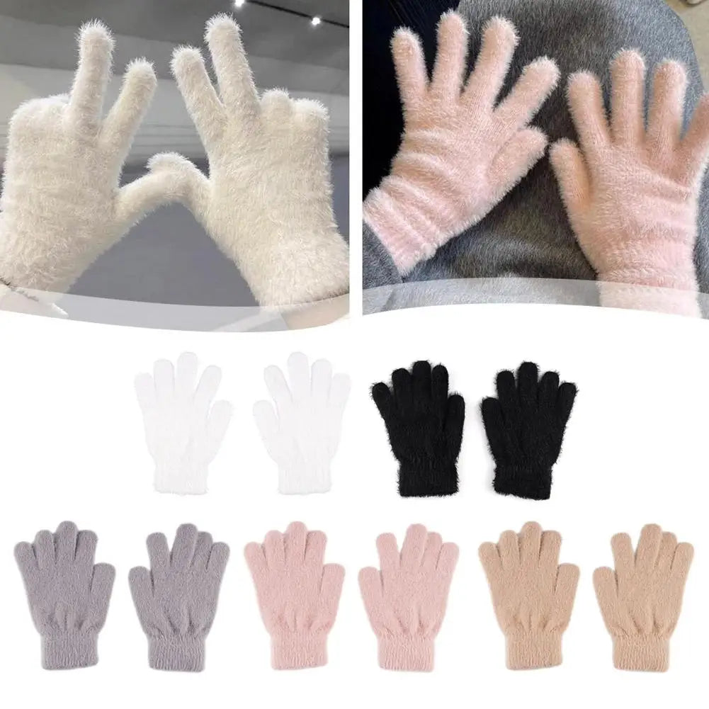 Winter Gloves Mink Velvet Five Finger Gloves Plush Warm Cold-proof Gloves Women Outdoors Cycling Solid Color Mittens