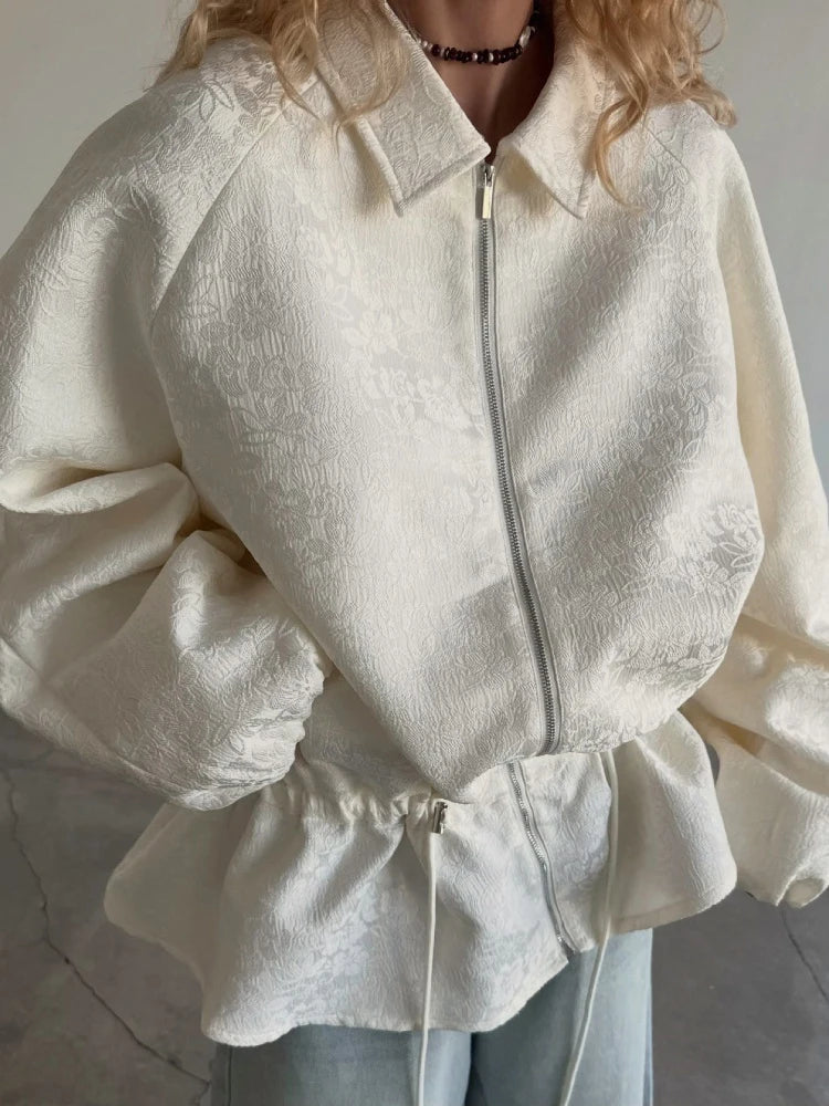 Luxury Apricot Texture Jacket Drawstring Waist Slim Puff Sleeves 2026 Women's Autumn Jackets Chic Commute Date Daily Outerwear