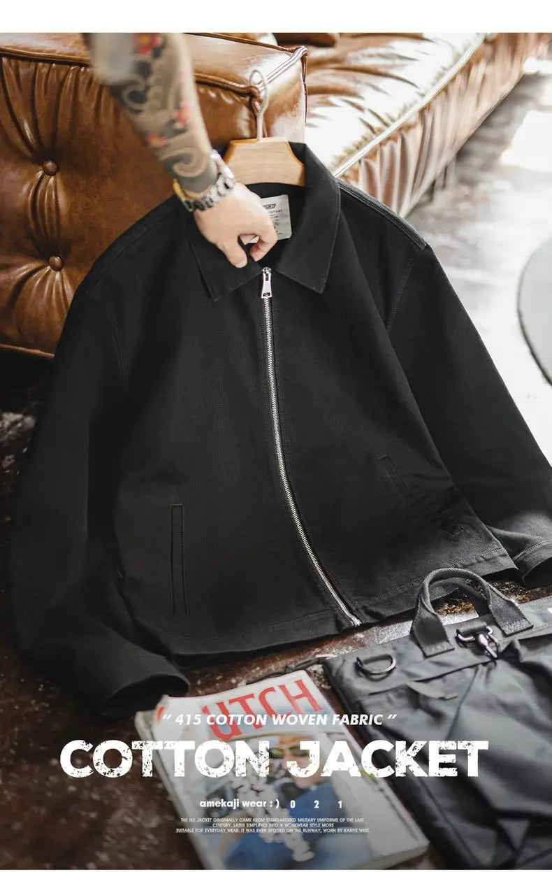 Maden Men's Vintage Ike Jacket Heavyweight Black Cotton Zip-Up Coat Lapel Collar Casual Outdoor Mountain Jacket for Spring Fall