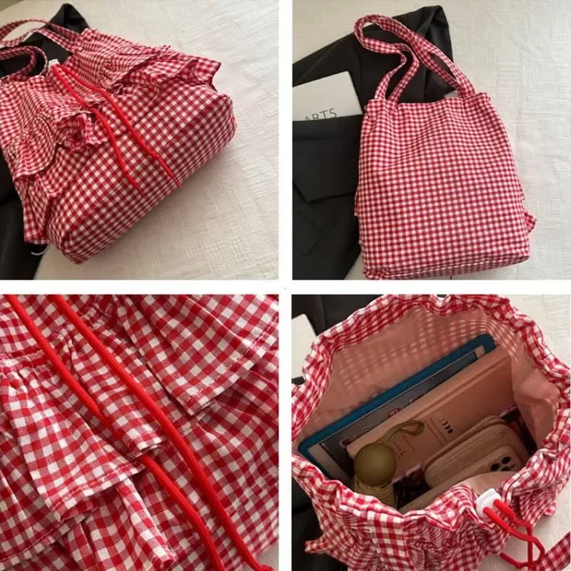 Large Capaci Cute Plaid Cotton Tote Bag  Lace Trim Women's Summer 2025 Simple Lady Handbag Soft Shoulder Bags Bolsa Feminina