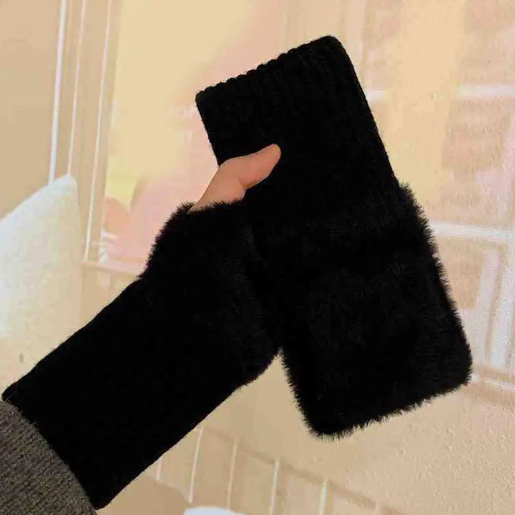 Half-finger Plush Winter Gloves Touch Screen Cold-proof  Warm Fingerless Knitted Wrist Guard Student Office Writing Work Outdoor