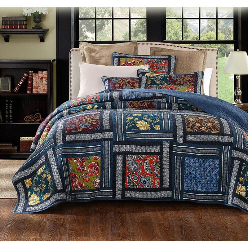 Vintage Patchwork Cotton Quilt Set 3PCS King/Queen - All-Season Thin Comforter Bedspread,Breathable Quilted Coverlet Bedding