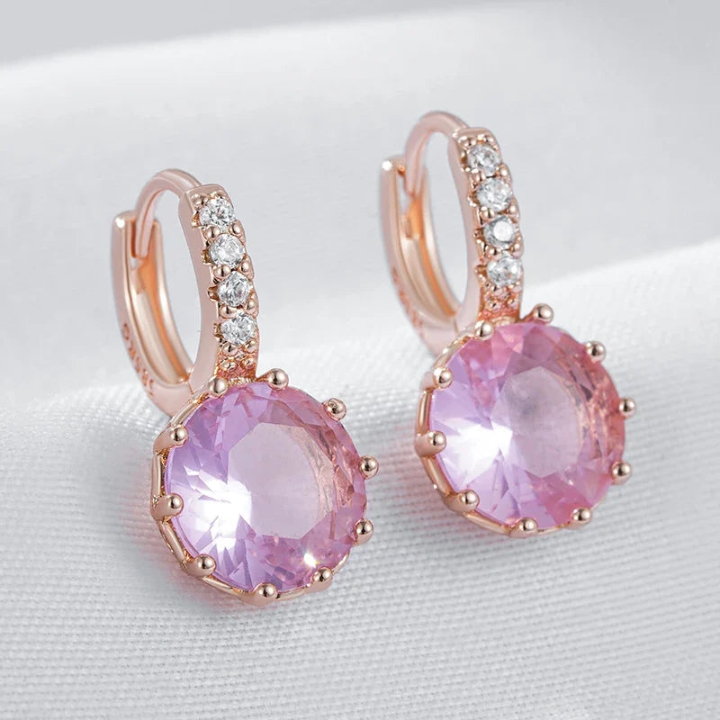 Kinel Hot Shiny Pink Natural Zircon Bride Drop Earrings for Women Fashion 585 Rose Gold Color High Quality Daily Fine Jewelry
