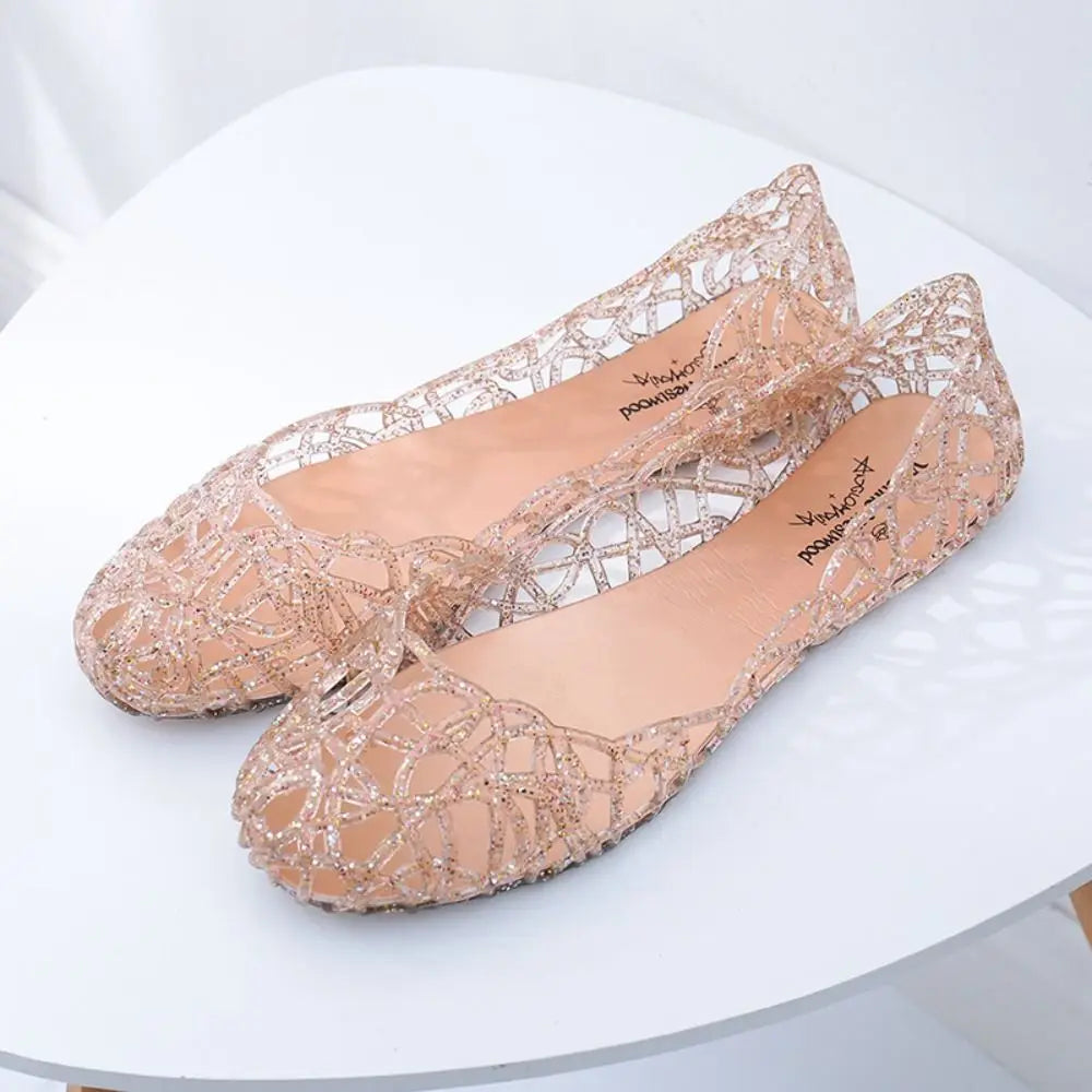 Casual Flat-soled Women Sandals Hollow Out Clear Beach Jelly Shoes Breathable Shallow Mouth Bling Sandals Ladies