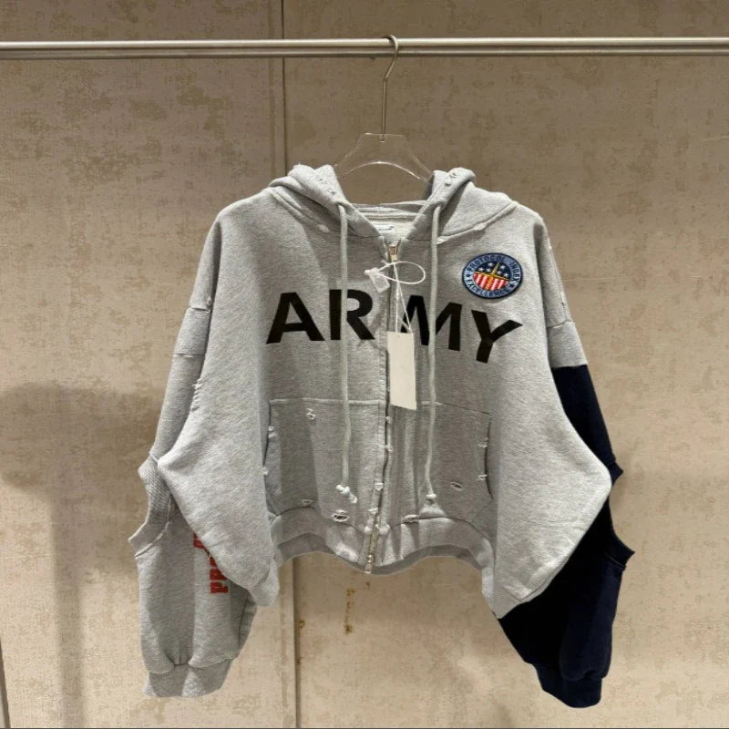 PROJECT G/R 2026 Patchwork ARMY Vintage Damaged Cardigan Pullover Men Women Best Quality Hoodie