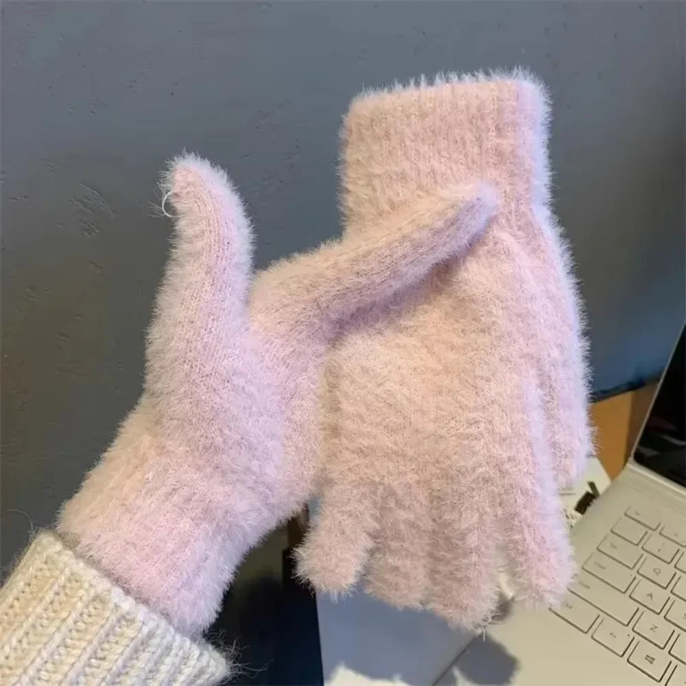 Fashion Thickened Furry Gloves Cold-proof Warm Winter Gloves Windproof Breathable Five Finger Gloves Winter