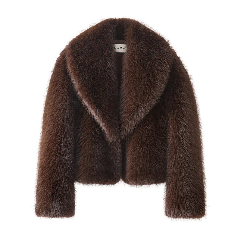 Neo Mint Street Fashion Shawl Collar Faux Fox Fur Coat Women 2024 Winter Cool Girls Black Short Fur Jacket Vintage Chic Overcoat