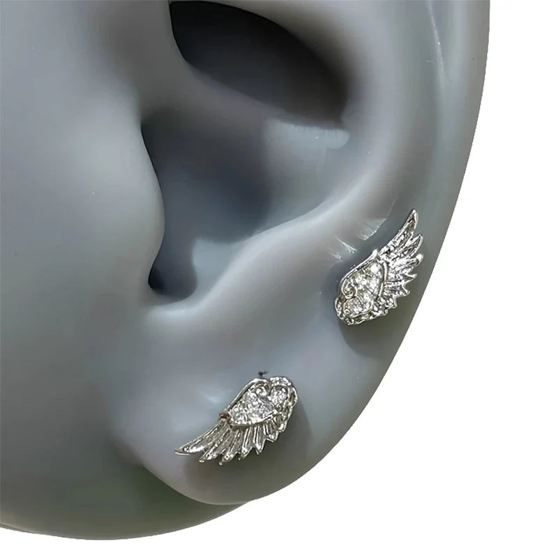 Fashion Zircon Wing Stud Earrings for Women Luxury Shiny Crystal Creative Angel Wings Cross Silver Color Ear Studs Jewelry Gifts