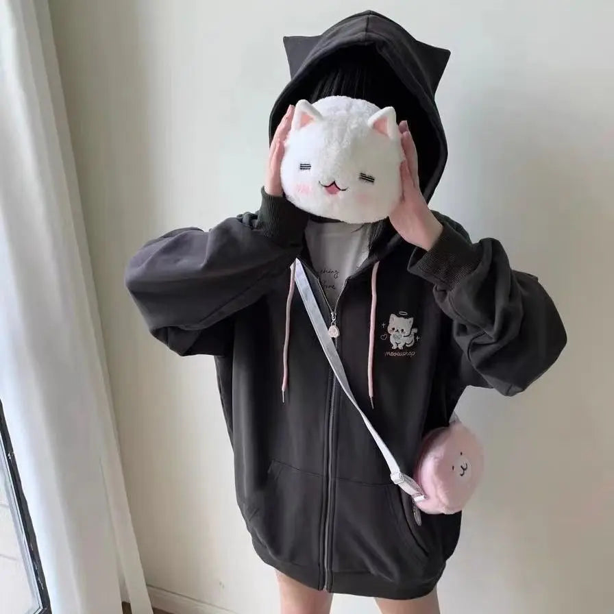 Zipper Hoodie Gothic Cartoon Kawaii Cat Ear Y2k Jacket Zip Up Thin Coat Spring Autumn Cute Core 2000s Clothes Fall Sweatshirts