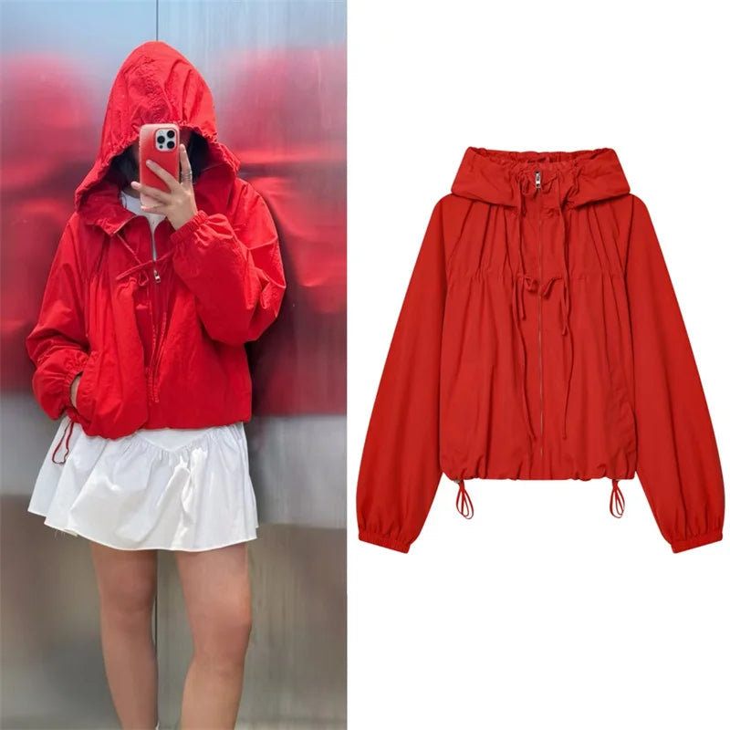 Women's Jacket 2026 Autumn New Red Long-Sleeve Drawstring Decorative Festive Hoodie Zipper Cardigan Casual Fashion Versatile