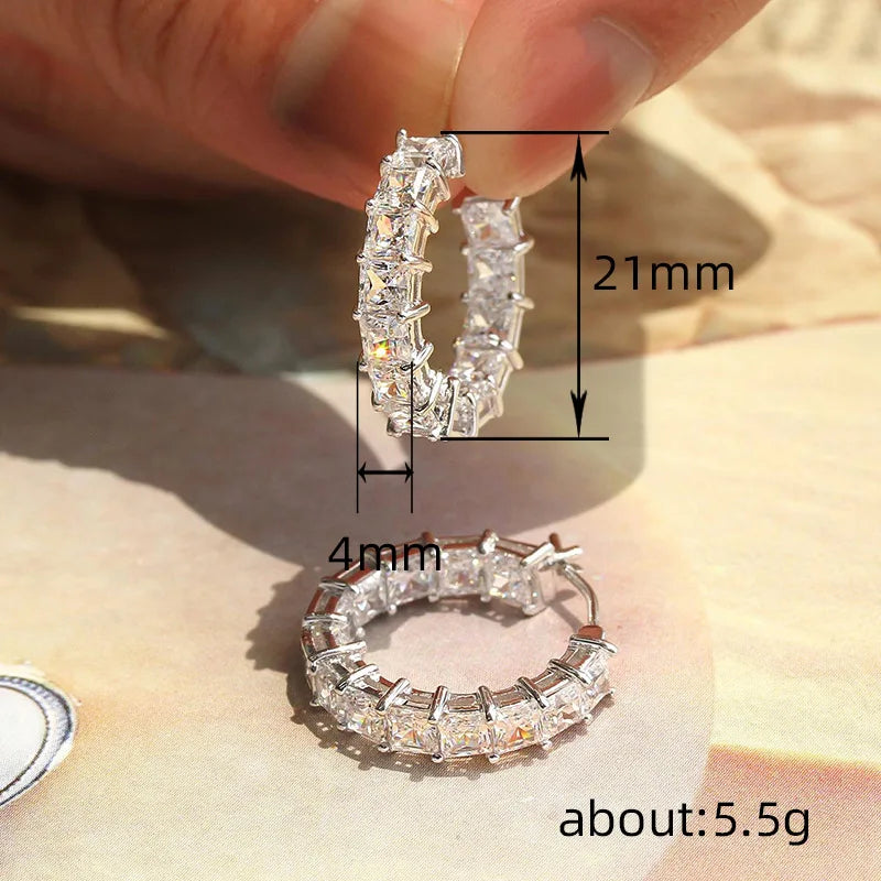 Huitan Princess Square Cubic Zirconia Hoop Earrings Luxury Trendy Ear Circle Earrings for Women Fashion Versatile Female Jewelry