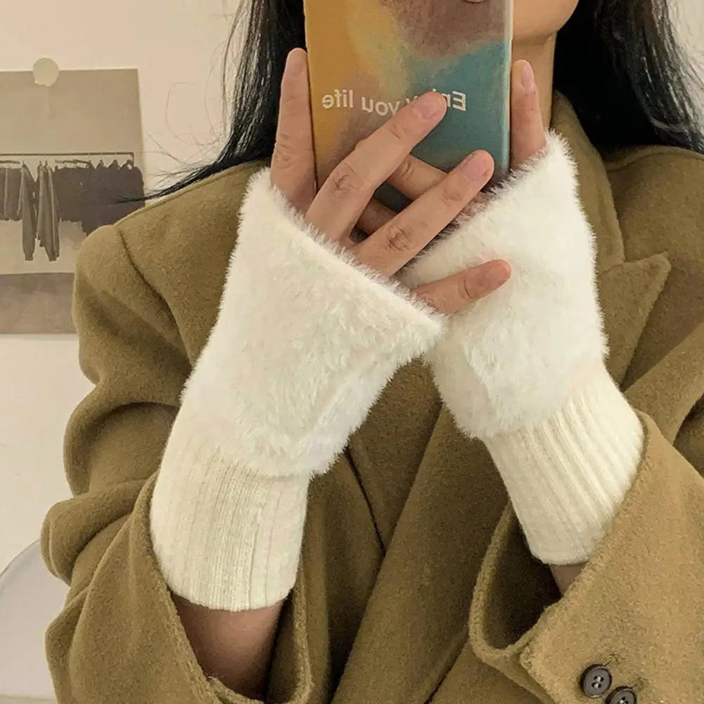Half-finger Plush Winter Gloves Touch Screen Cold-proof  Warm Fingerless Knitted Wrist Guard Student Office Writing Work Outdoor