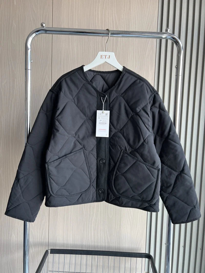ETJ 2025  Spring new women's vintage crewneck quilted cotton-padded loose version of quilted casual jacket