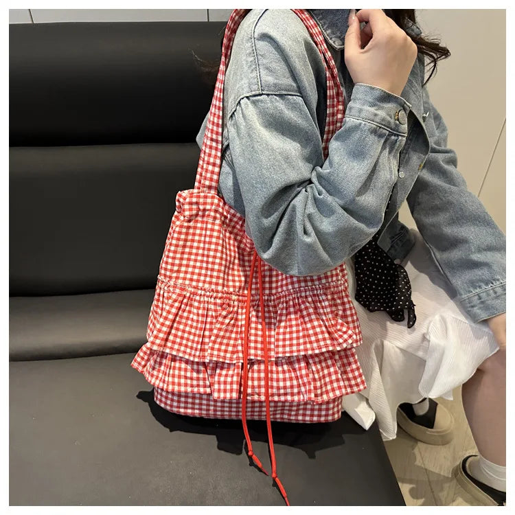 Large Capaci Cute Plaid Cotton Tote Bag  Lace Trim Women's Summer 2025 Simple Lady Handbag Soft Shoulder Bags Bolsa Feminina