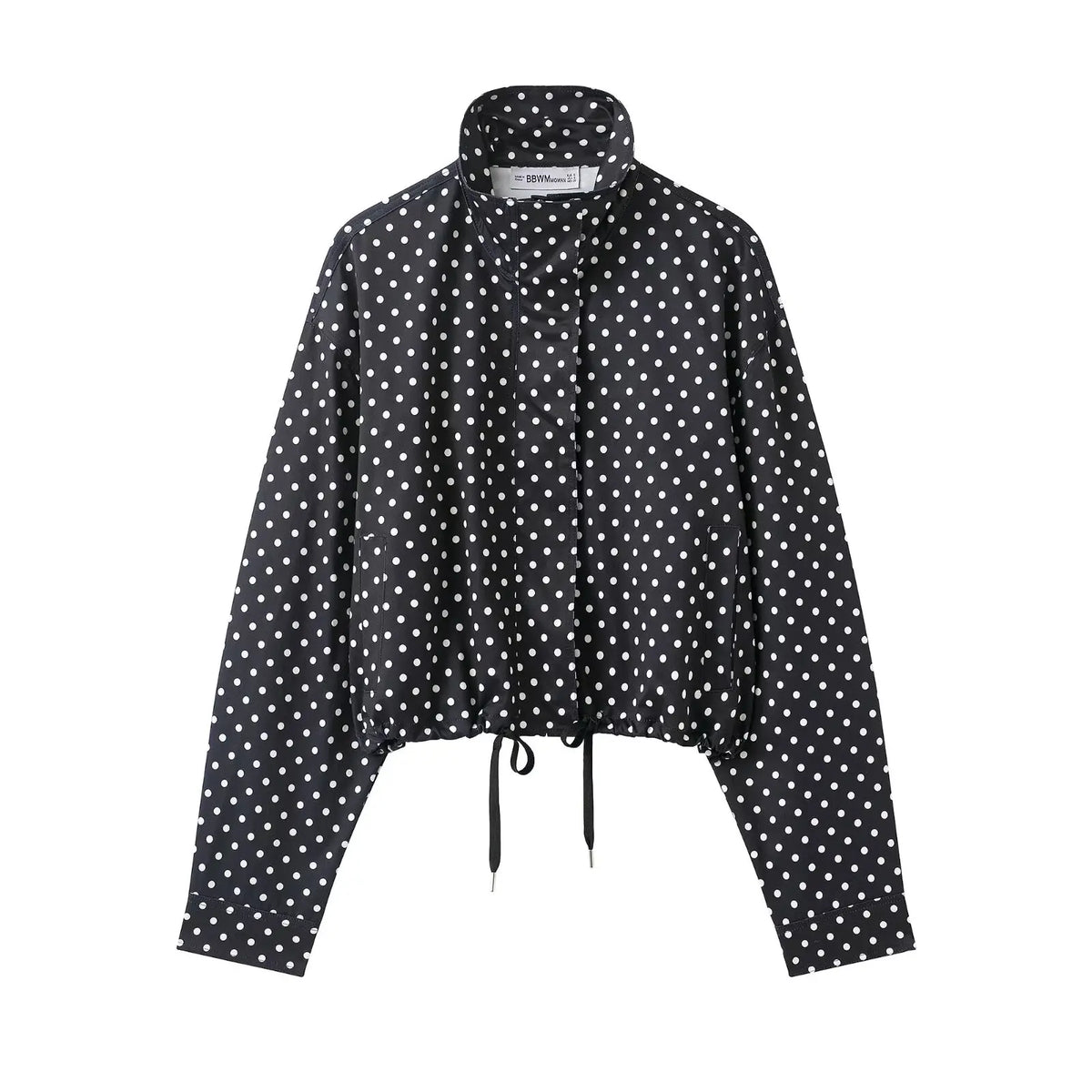 HH Fashion Women's Polka Dot Print Short Coats Autumn Long Sleeves Turtleneck Zipper With Pockets Drawstring Casual Jacket