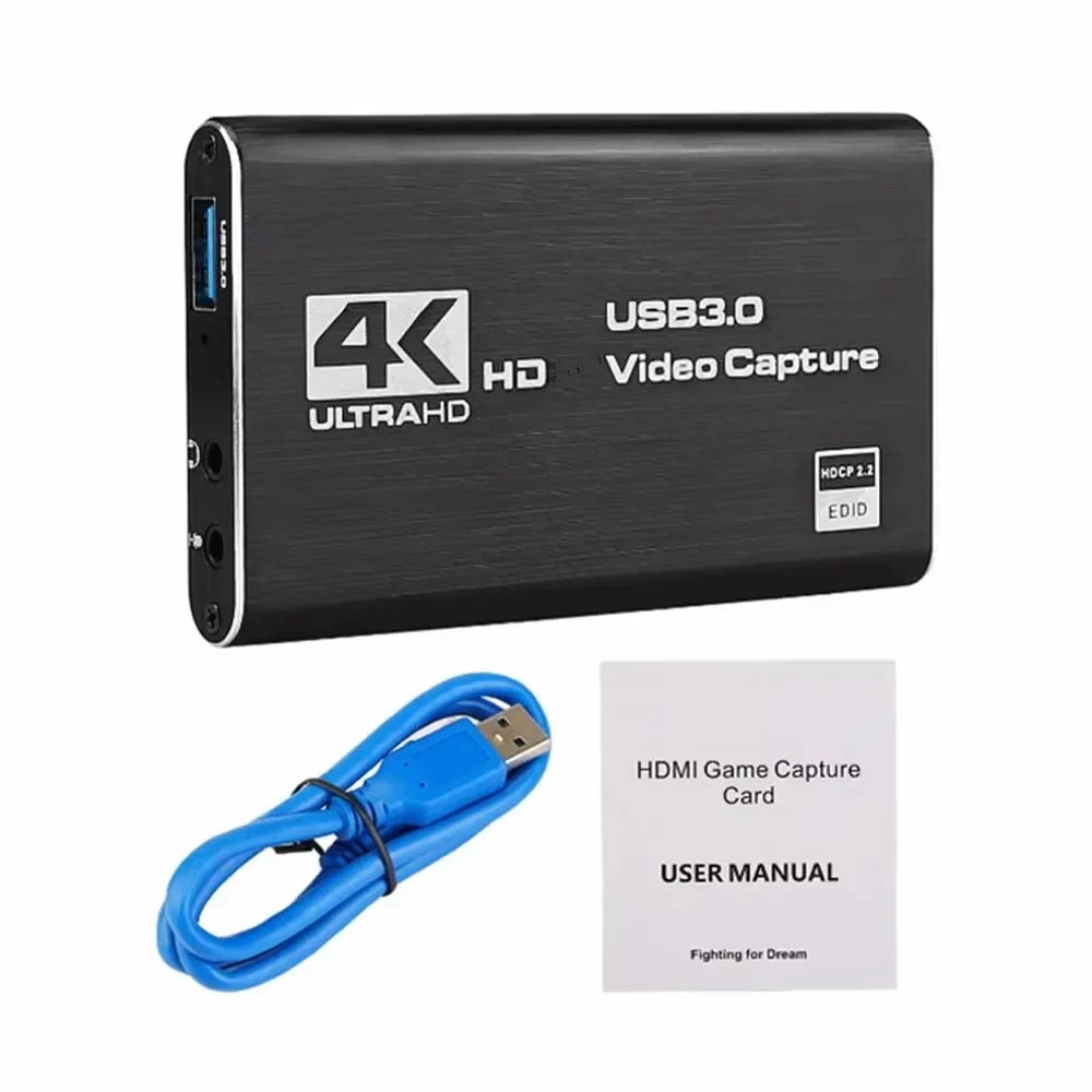 4K USB 3.0 Video Capture Card, HDMI-compatible HDTV Recorder Grabber for Game Recording, PC, Game Audio & Mic