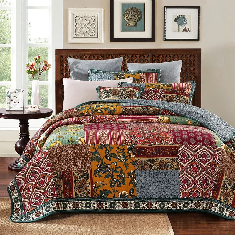 Vintage Patchwork Cotton Quilt Set 3PCS King/Queen - All-Season Thin Comforter Bedspread,Breathable Quilted Coverlet Bedding