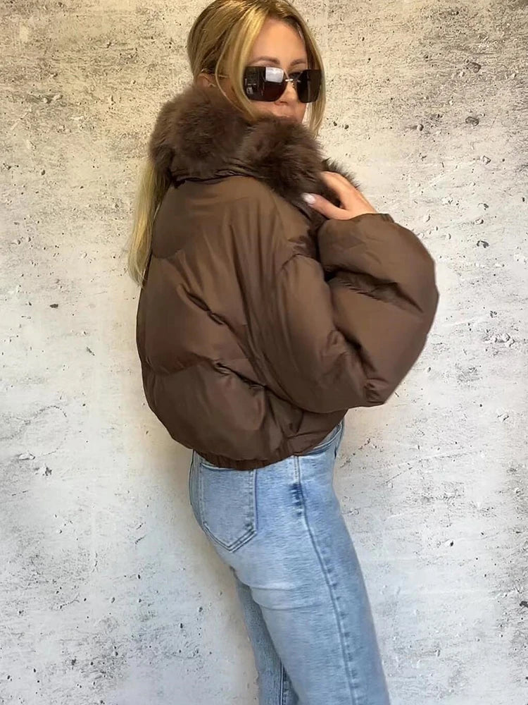 Luxury Thick Faux Fox Fur Collar Cropped Puffer Coat Women Oversized Lapel Zip Up Short Warm Windproof Winter Outerwear Jacket