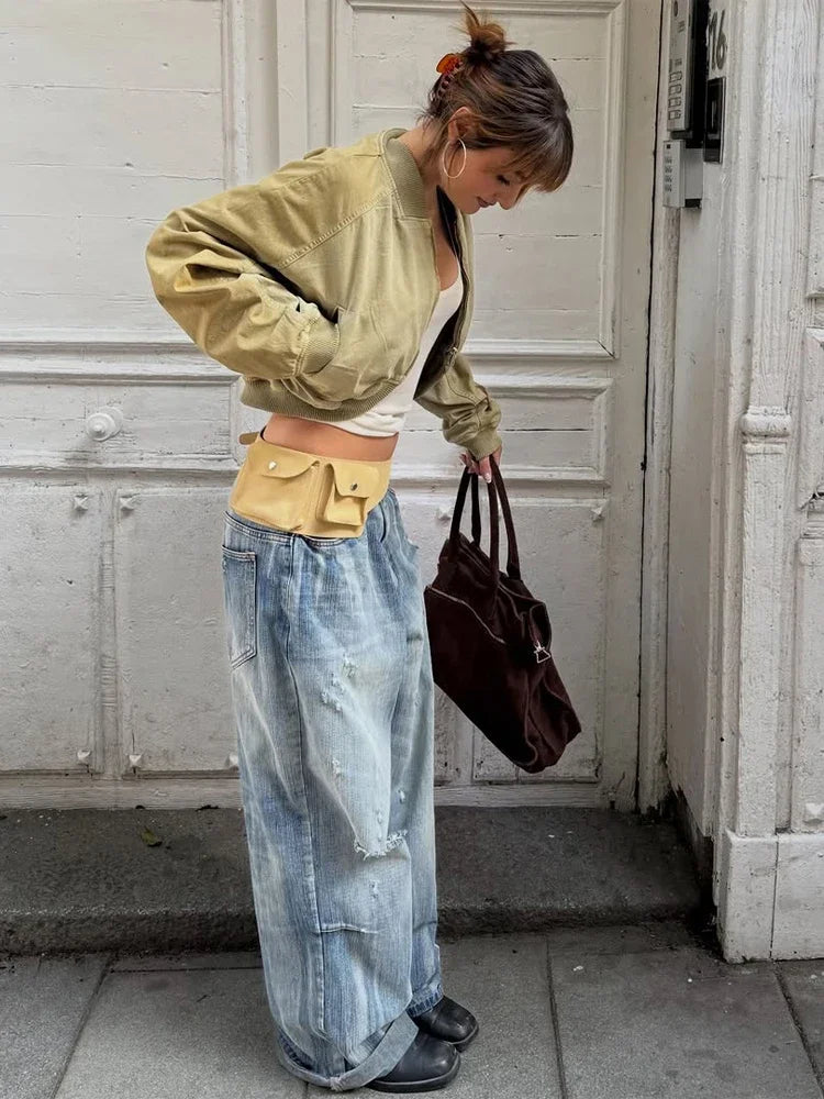 Fashion Short Bomber Jacket Women Casual Long Sleeve Round Neck  Zipper Loose Cropped 2026 Jackets Lady Spring Street Outerwear