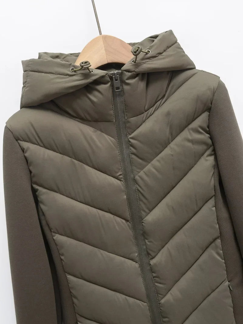 ETJ 2025 new  women's elegant fashion patchwork long sleeve standing collar hooded cotton jacket sport coat 8073227