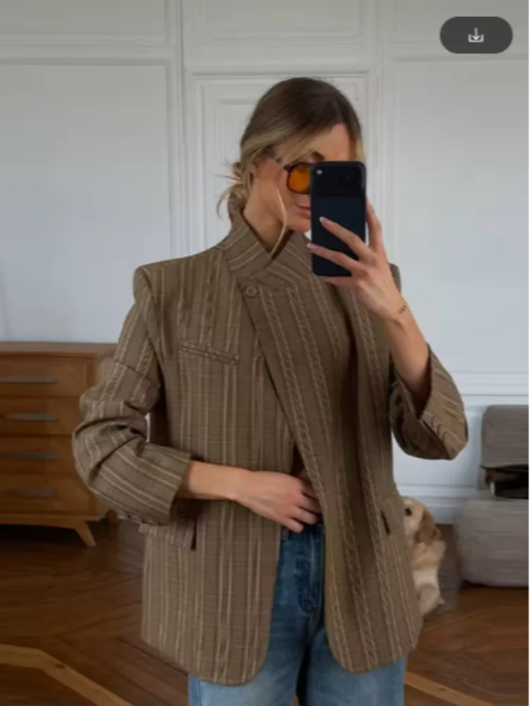 Women Plaid Print Blazer Jacket Fashion Stand Collar Full Sleeve One Button Loose Short Coat Chic Lady Daily Commute Outerwears