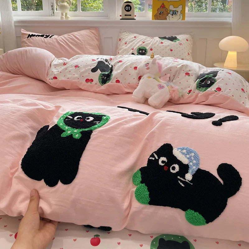 Cute Cat  Bedding Set For adults kids Brown pink Lovely Bed Sheet set With Pillowcases Colorful King Queen Full size
