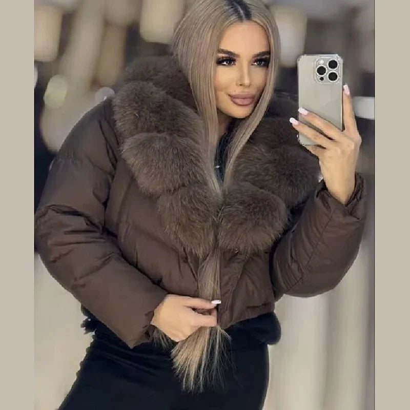 Luxury Thick Faux Fox Fur Collar Cropped Puffer Coat Women Oversized Lapel Zip Up Short Warm Windproof Winter Outerwear Jacket