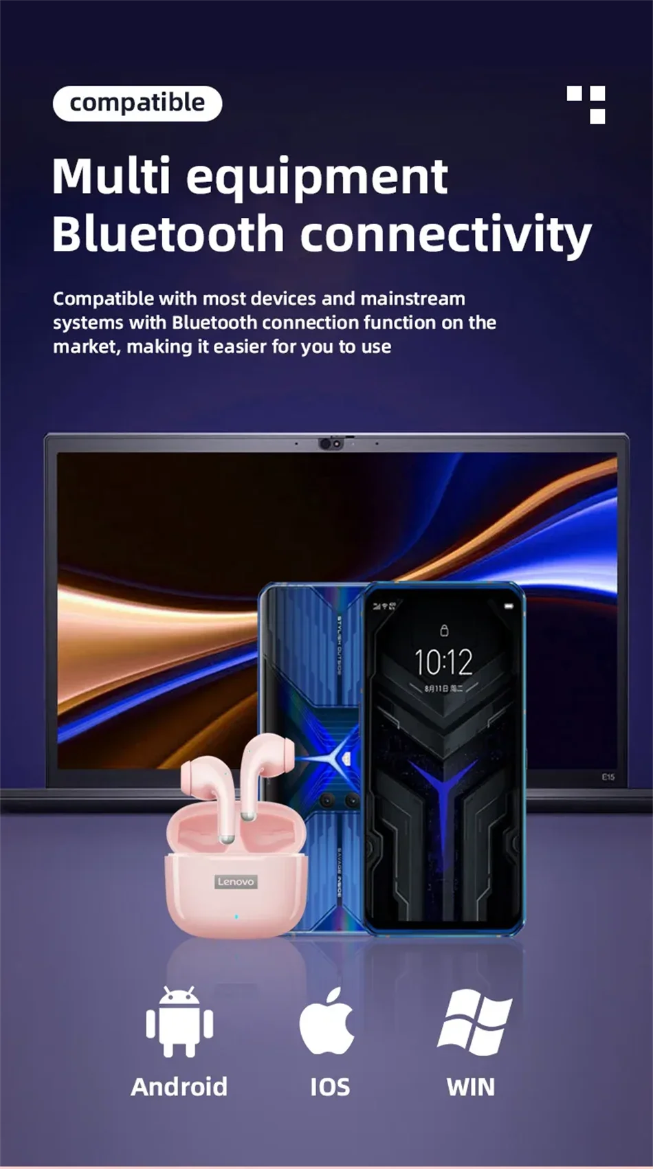 Lenovo LP40 Pro TWS Bluetooth 5.4 Wireless Headphones HiFi Stereo Earphones Gaming Sports Touch Control HD Call With Mic Earbuds