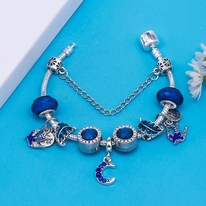 Fashion Silver Plated Shiny Blue Crystal Bead Pendant DIY Charm Bracelets Bangles For Women Girlfriend Jewelry Dropshipping
