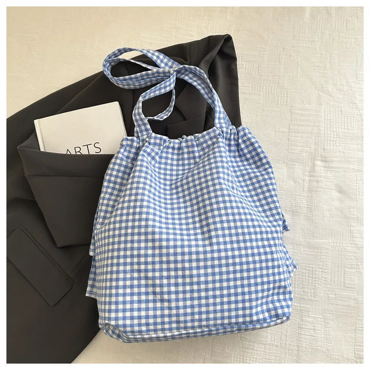 Large Capaci Cute Plaid Cotton Tote Bag  Lace Trim Women's Summer 2025 Simple Lady Handbag Soft Shoulder Bags Bolsa Feminina