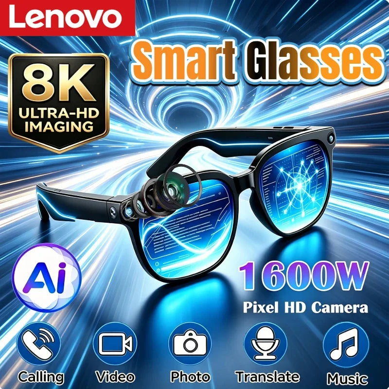 Lenovo Smart Glasses Touch Control Camera 8K HD Recording Bluetooth Call Voice Assistant Translator AI Glasses for Adults New