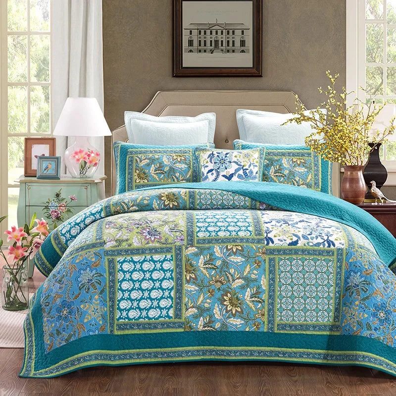 Vintage Patchwork Cotton Quilt Set 3PCS King/Queen - All-Season Thin Comforter Bedspread,Breathable Quilted Coverlet Bedding