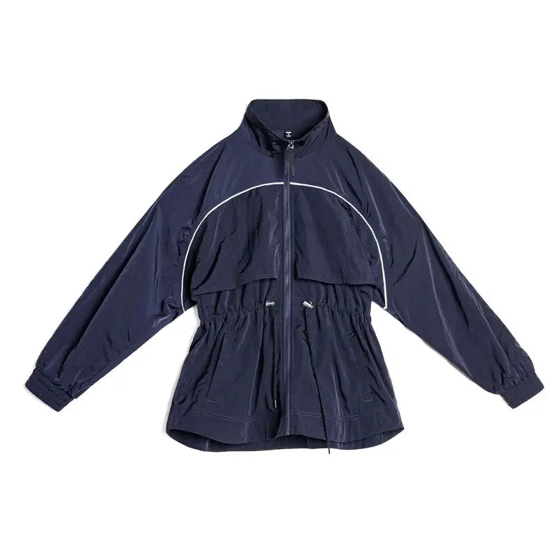 Maden Women's Lightweight Stand Collar Short Windbreaker Jacket Navy Blue Contrast Parka with Waist Cinching for Spring and Fall