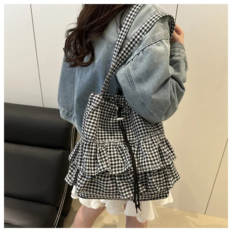 Large Capaci Cute Plaid Cotton Tote Bag  Lace Trim Women's Summer 2025 Simple Lady Handbag Soft Shoulder Bags Bolsa Feminina